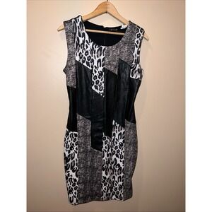 Venus Women's Party Cocktail Dress Patchwork Cheetah Size 6 Black Lined Slit